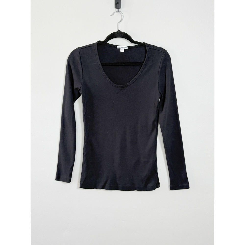 James Perse Standard Scoop Neck Ribbed Long Sleeve Top Womens L Black Minimalist